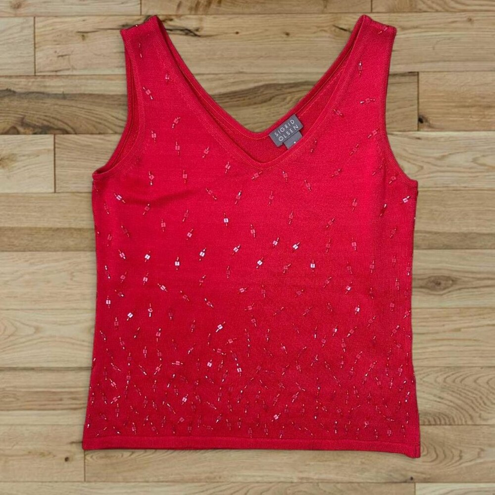Vintage Sigred Olsen coral pink / red silk beaded sleeveless top ❣️